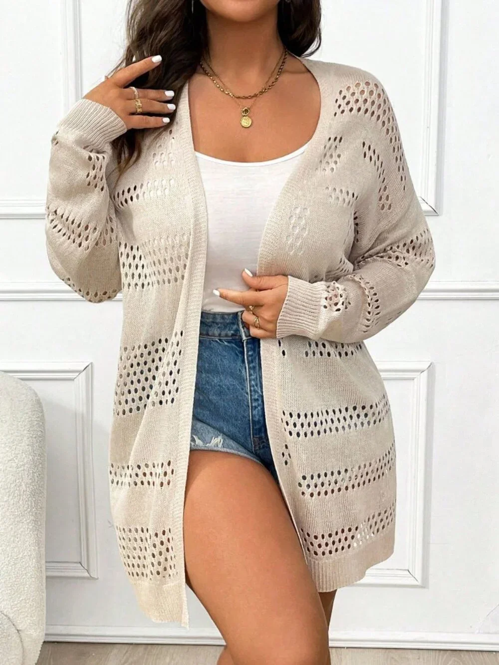Apricot Casual Women's Loose Drop Sleeve Pointelle Knit Duster Cardigan